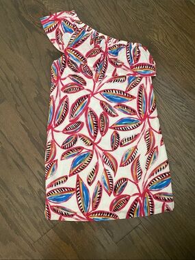 NWOT J Crew One-Shoulder Tropical Leaf Print Dress - Pink & Blue